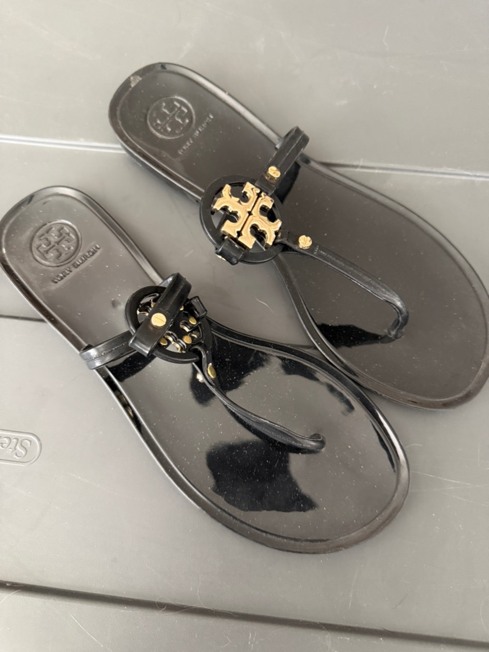 Tory Burch Black Jelly Thong Sandals with Gold Logo